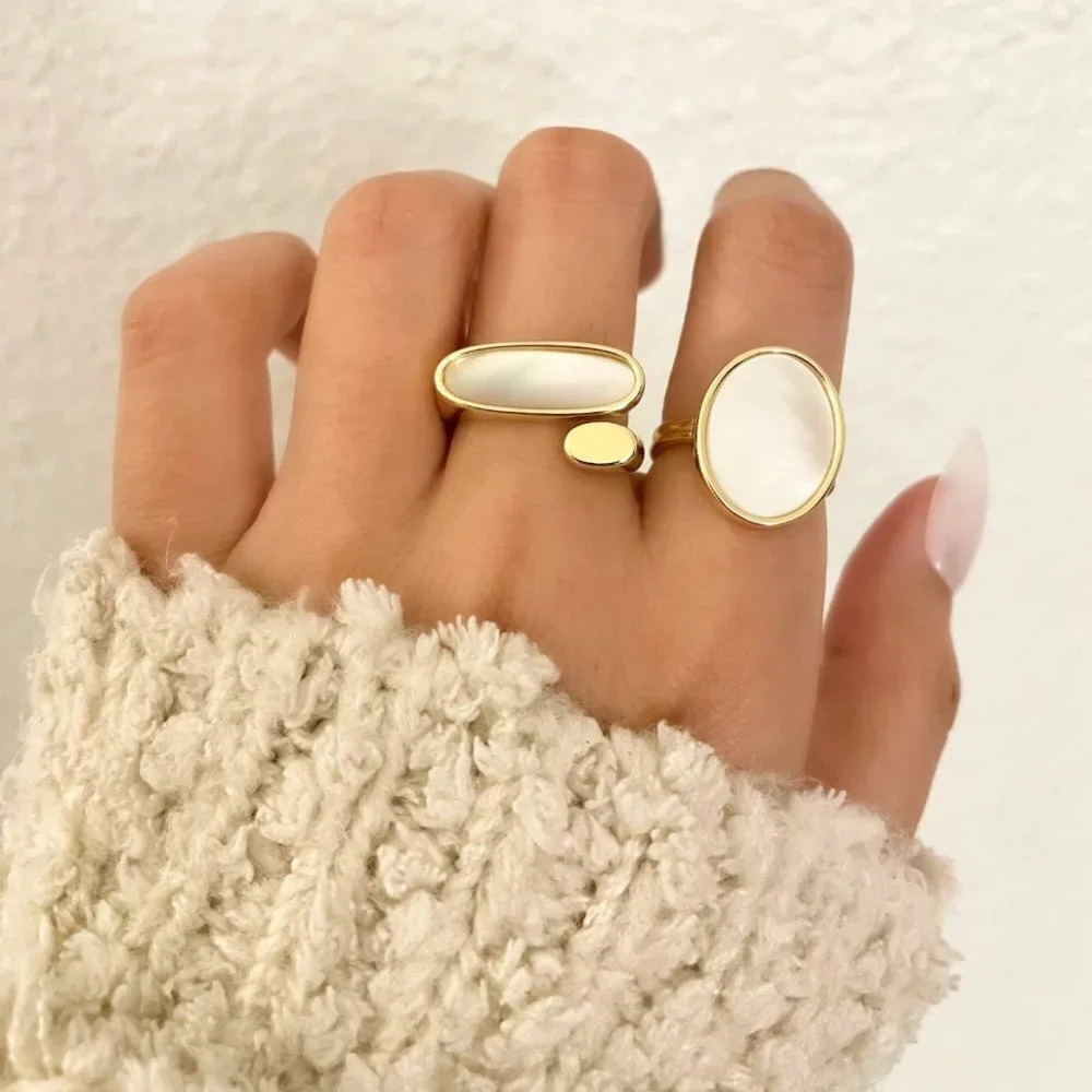 925 Sterling Silver Mother of Pearl Gold Statement Ring Chunky Bold Ring - Picture 5 of 6
